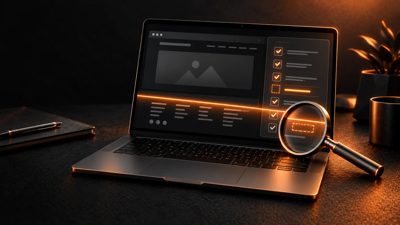 Laptop mit abstraktem Website-Check und orangefarbener Prüflinie