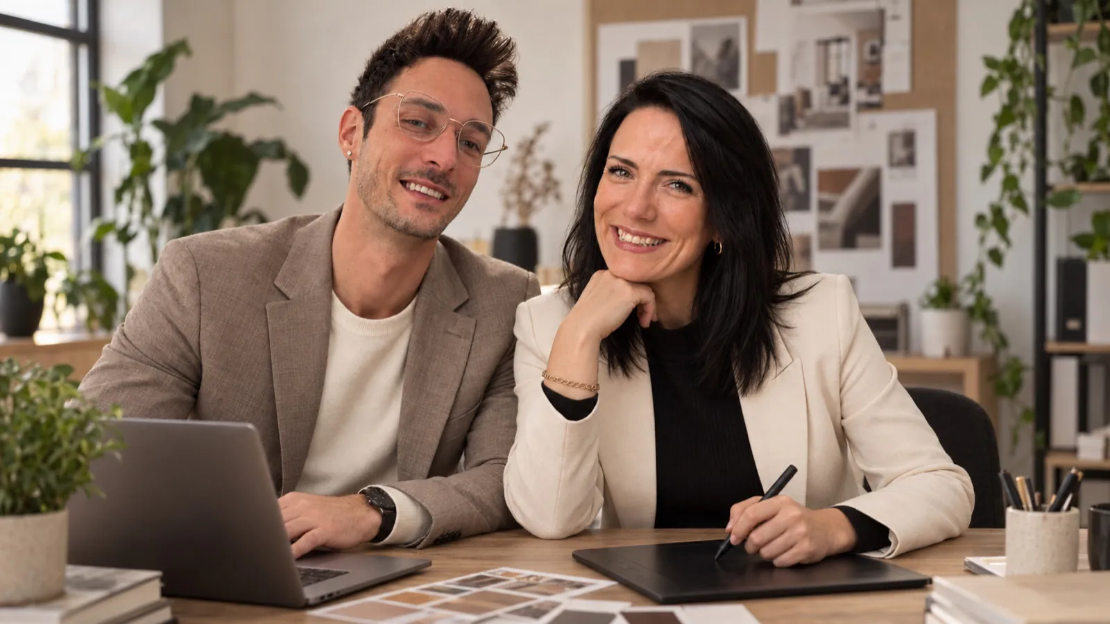 Kevin und Janine mit Laptop und Grafiktablett an einem Tisch